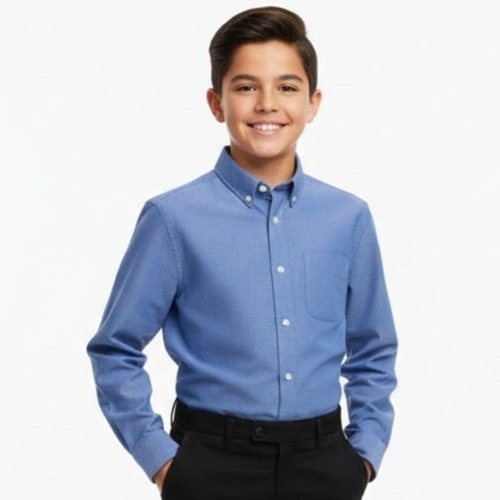 Cat‎ Jack Boys Shirt L Blue Herringbone Button Down Dress Shirt 12 14 Lg Sleeve